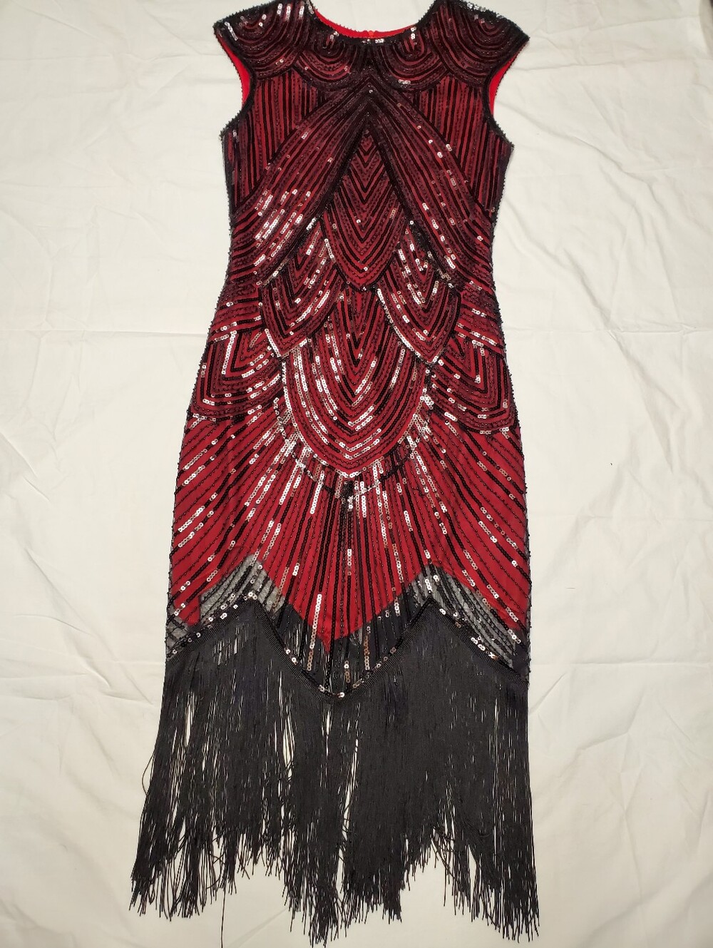Fundaisy 1920s Flapper Dress M Red Black Sequin Beaded Fringe Gatsby Halloween